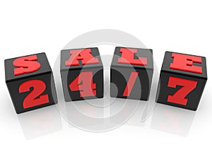 SALE 24/7 concept on black toy blocks on white