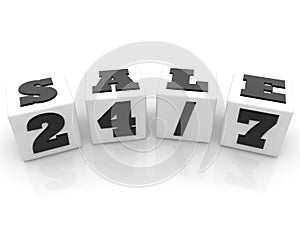 SALE 24/7 concept in black on white toy blocks