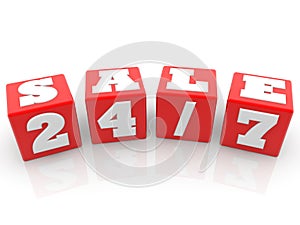 SALE 24/7 concept on red toy blocks on white