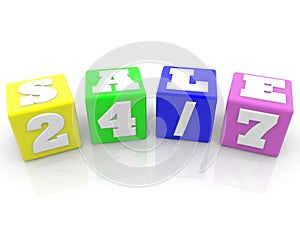 SALE 24/7 concept in white on colorful toy blocks