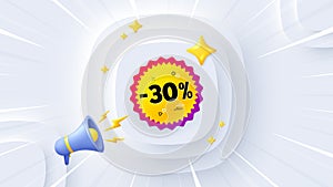 Sale 30 percent off banner. Discount sticker shape. Neumorphic offer 3d banner, poster. Vector