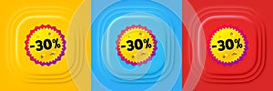 Sale 30 percent off banner. Discount sticker shape. Neumorphic offer banner, flyer or poster. Vector