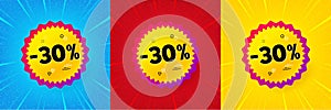 Sale 30 percent off banner. Discount sticker shape. Sunburst offer banner, flyer or poster. Vector