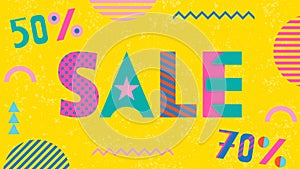 SALE 50% and 70%. Trendy geometric font in memphis style of 80s-90s.