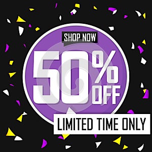 Sale 50% off, banner design template, discount tag, special offer, big deal, lowest price, promotion poster, vector illustration