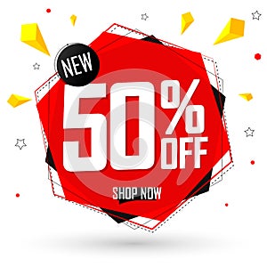 Sale 50% off, banner design template, discount tag, special offer, big deal, lowest price, promotion poster, vector illustration