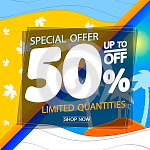 Sale 50% off, poster design template, discount banner, special offer, end of season, vector illustration