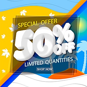 Sale 50% off, poster design template, discount banner, special offer, end of season, vector illustration