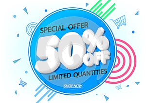 Sale 50% off, poster design template, discount banner, special offer, end of season, vector illustration