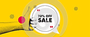 Sale 70 percent off discount. Promotion price offer sign. Hand showing thumb up like. Vector