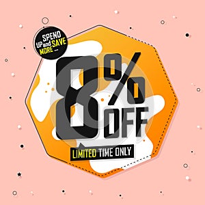 Sale 8% off, discount banner design template, promo tag. Shopping poster, vector illustration