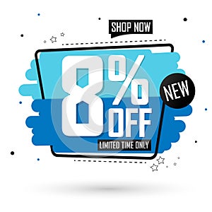 Sale 8% off, discount banner design template, promo tag. Shopping poster, vector illustration