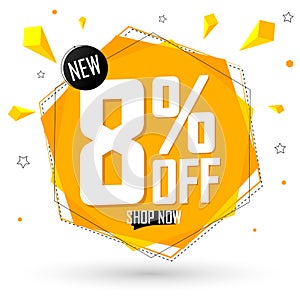 Sale 8% off, discount banner design template, promo tag. Shopping poster, vector illustration