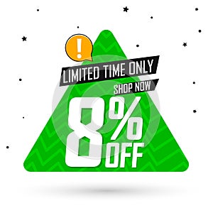 Sale 8% off, discount banner design template, promo tag. Shopping poster, vector illustration