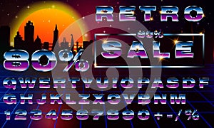 Sale 80 percent. Fancy retrofuturistic neon font on dark backround. Synthwave vaporwave style. Fancy retrofuturistic