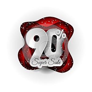 Sale 90% banner original design white and red and snow. Paper art craft style