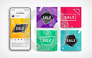 Sale abstract color banner background set on smartphone screen. Vector illustration design template for flyer, poster, shopping,