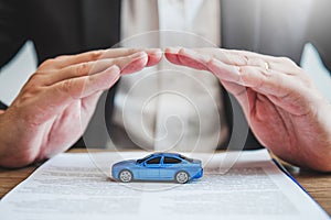 Sale agent protection Car insurance and collision damage concept