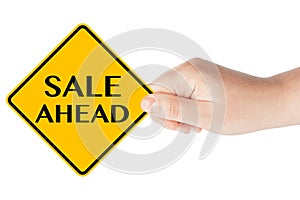 Sale Ahead traffic sign with hand