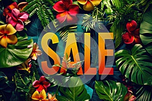 SALE announcement on a rich tropical foliage backdrop with bright hibiscus and plumeria flowers