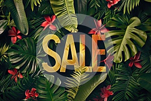 SALE announcement on a rich tropical foliage backdrop with bright hibiscus and plumeria flowers