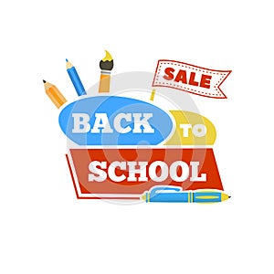 Sale Back to school emblem with accessories. Vector illustration.