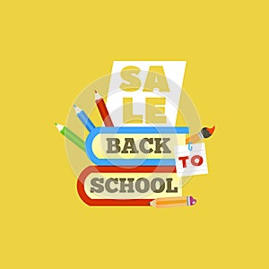 Sale Back to school emblem with book and accessories. Bright illustration.