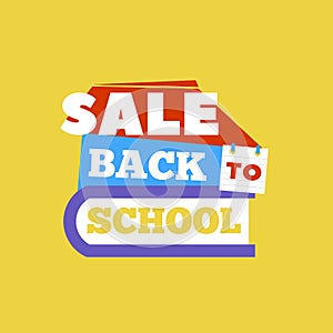 Sale Back to school emblem with book. Bright illustration.