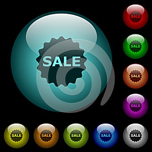 Sale badge icons in color illuminated glass buttons