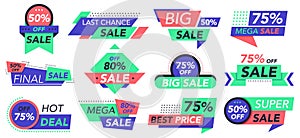 Sale badges. Retail, big sale and best offer tags, store discount stickers. Cheap price advertising labels vector icons