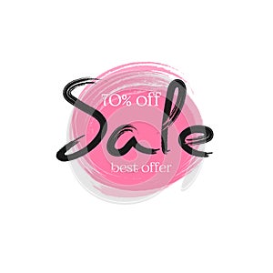 Sale banner 70% off Lettering Modern watercolor pink grunge tag on a white background with handwritten lettering Sale Banner card