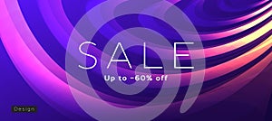 Sale banner with abstract background of fluid curves, blue purple gradient, amorphic backdrop cover photo
