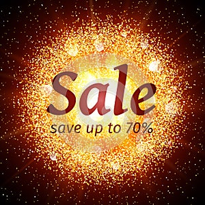 Sale banner on abstract explosion background with gold glittering elements. Burst of glowing star. Dust firework light