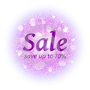 Sale banner on abstract explosion background with violet glittering elements. Burst of glowing star. Dust firework light