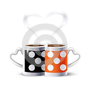 Two hot cups of coffee with steam heart shape, isolated. Hot Coffee Mugs Americano, Cappuccino. Tea mugs. Modern Minimalist Design