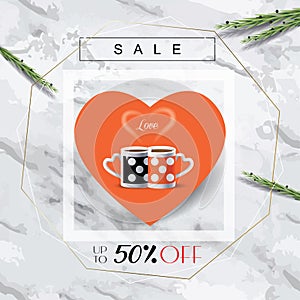 Sale banner Black Heart logo - Two hot cups of coffee with steam heart shape, isolated on marble background. Trendy Modern Design