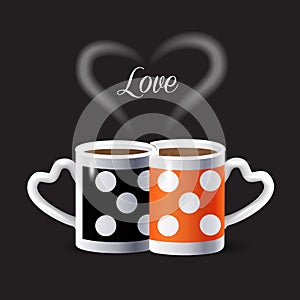 Two hot cups of coffee with steam heart shape, isolated on Black background. Americano, Cappuccino. Tea mugs icon. Pop Art Poster