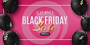 Sale banner for Black Friday. Golden confetti and serpentine. Flying black balloons. Beautiful lettering. Pink background and