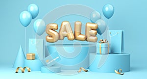 Sale banner on blue background. Sale word, balloons, credit card, shopping bags, gift boxe laying around. 3d rendering
