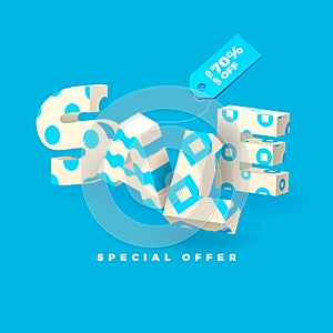 Sale banner in blue color, 3D invert letters with pattern