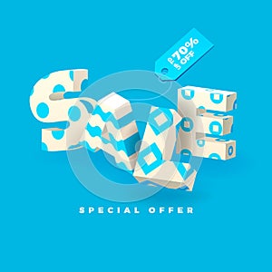 Sale banner in blue color, 3D invert letters with pattern photo