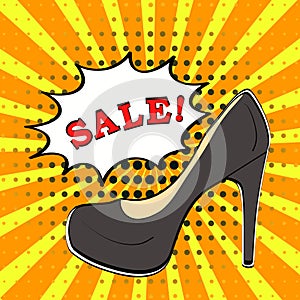 Sale banner in comic book pop art style with black high heel shoe on yellow and orange sunburst background with halftone texture