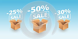 Sale banner delivery cardboard boxes icons - discount sale vector illustration