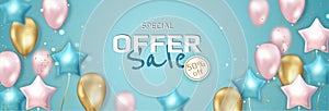 Sale banner design with helium balloons. Realistic decorative design elements.