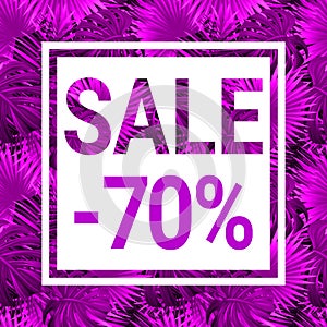 Sale banner design. Season discount poster. seasonal promotion advertising. Violet Tropic background with exotic