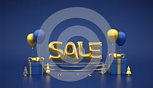 SALE banner. Golden Sale balloon word. Scene and 3D round platform on blue background. Pedestal with gift boxes with gold bow,