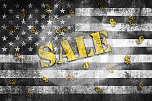 Sale banner illustration on black and white USA vintage flag