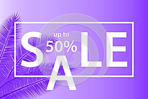 Sale banner with palm leaves. Floral tropical holidays background. Vector illustration. Hot Summer Sales design.