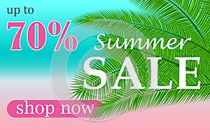 Sale banner with palm leaves. Floral tropical holidays background. Vector illustration. Hot Summer Sales design. Eps 10.