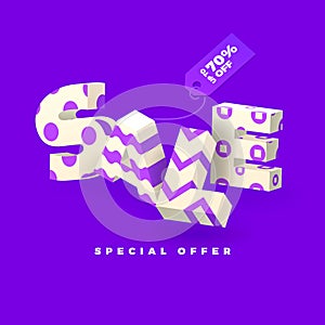 Sale banner in purple color, 3D invert letters with pattern